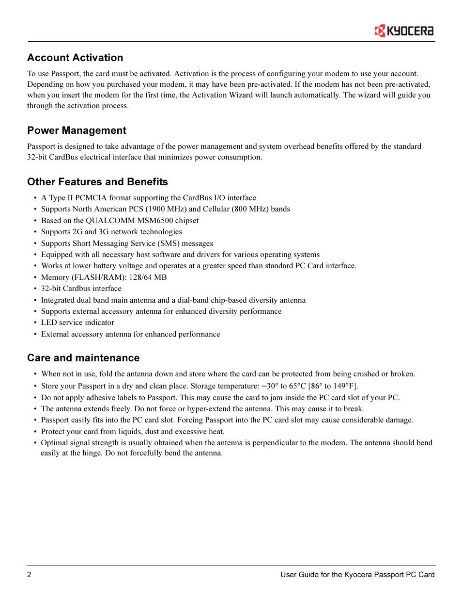 Account activation, Power management, Other features and benefits | Care and maintenance | Kyocera Passport PC Card User Manual | Page 4 / 23