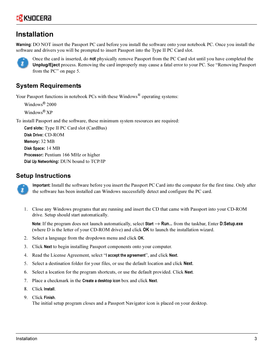 Installation, System requirements, Setup instructions | Kyocera Passport PC Card User Manual | Page 5 / 23