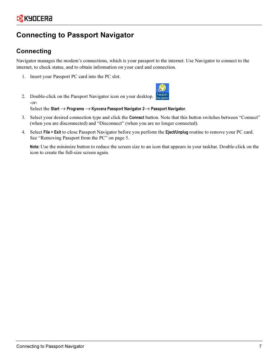 Connecting to passport navigator, Connecting | Kyocera Passport PC Card User Manual | Page 9 / 23