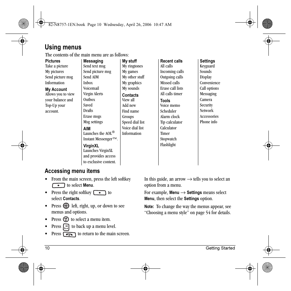 Using menus, Accessing menu items | Kyocera Strobe K612 User Manual | Page 16 / 72