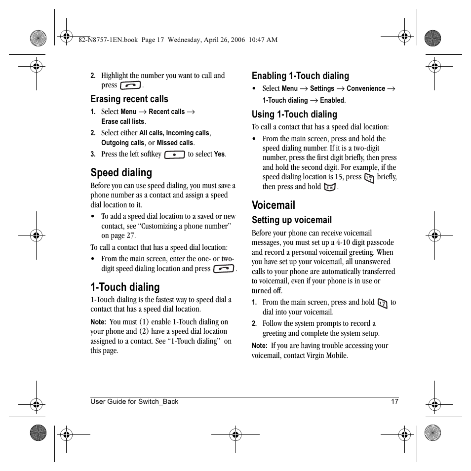 Speed dialing, Touch dialing, Voicemail | Kyocera Strobe K612 User Manual | Page 23 / 72