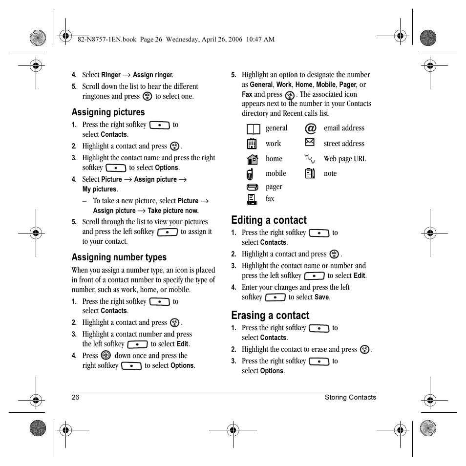 Editing a contact, Erasing a contact, Assigning pictures | Assigning number types | Kyocera Strobe K612 User Manual | Page 32 / 72
