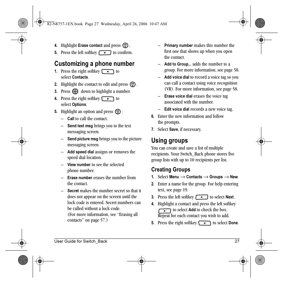 Customizing a phone number, Using groups, Creating groups | Kyocera Strobe K612 User Manual | Page 33 / 72