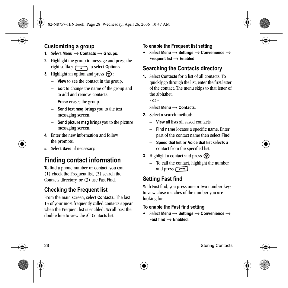 Finding contact information, Customizing a group, Checking the frequent list | Searching the contacts directory, Setting fast find | Kyocera Strobe K612 User Manual | Page 34 / 72