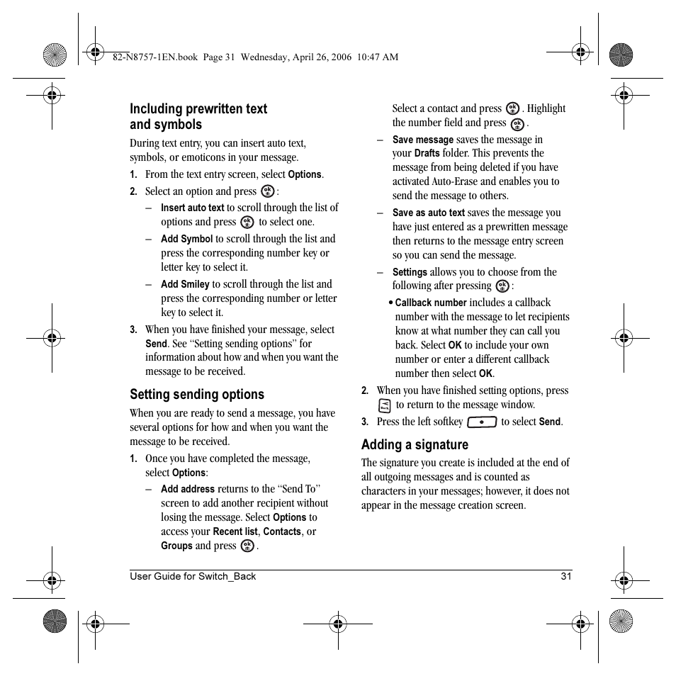 Including prewritten text and symbols, Setting sending options, Adding a signature | Kyocera Strobe K612 User Manual | Page 37 / 72