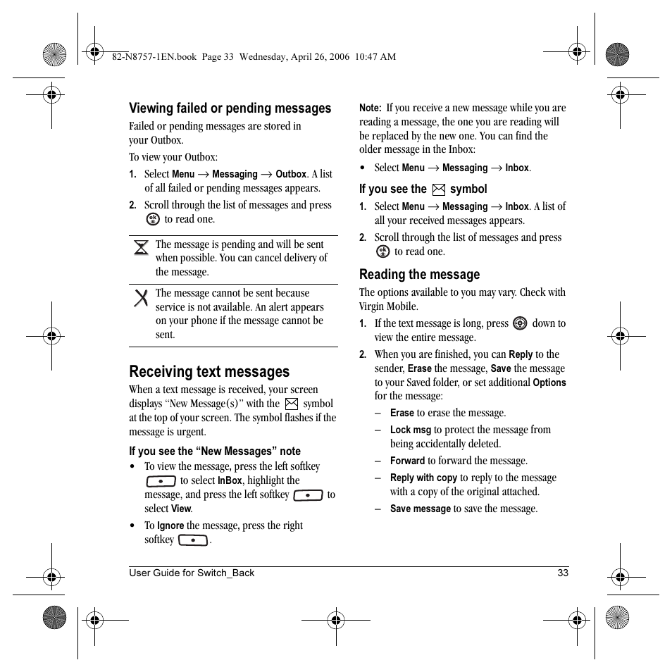 Receiving text messages, Viewing failed or pending messages, Reading the message | Kyocera Strobe K612 User Manual | Page 39 / 72