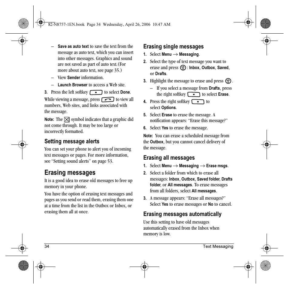 Erasing messages, Setting message alerts, Erasing single messages | Erasing all messages, Erasing messages automatically | Kyocera Strobe K612 User Manual | Page 40 / 72
