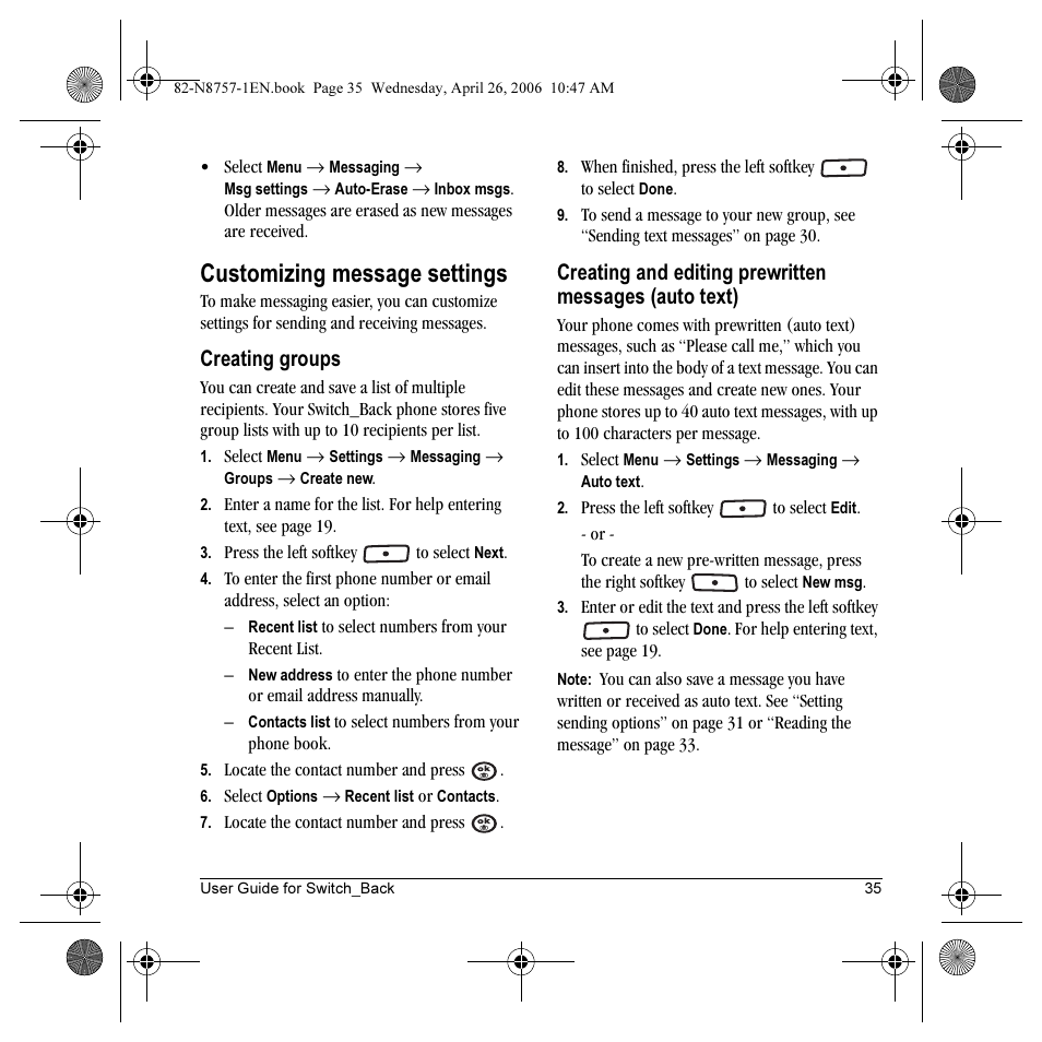 Customizing message settings, Creating groups | Kyocera Strobe K612 User Manual | Page 41 / 72