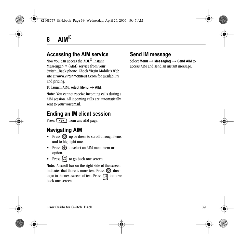 8 aim, Accessing the aim service, Ending an im client session | Navigating aim, Send im message | Kyocera Strobe K612 User Manual | Page 45 / 72