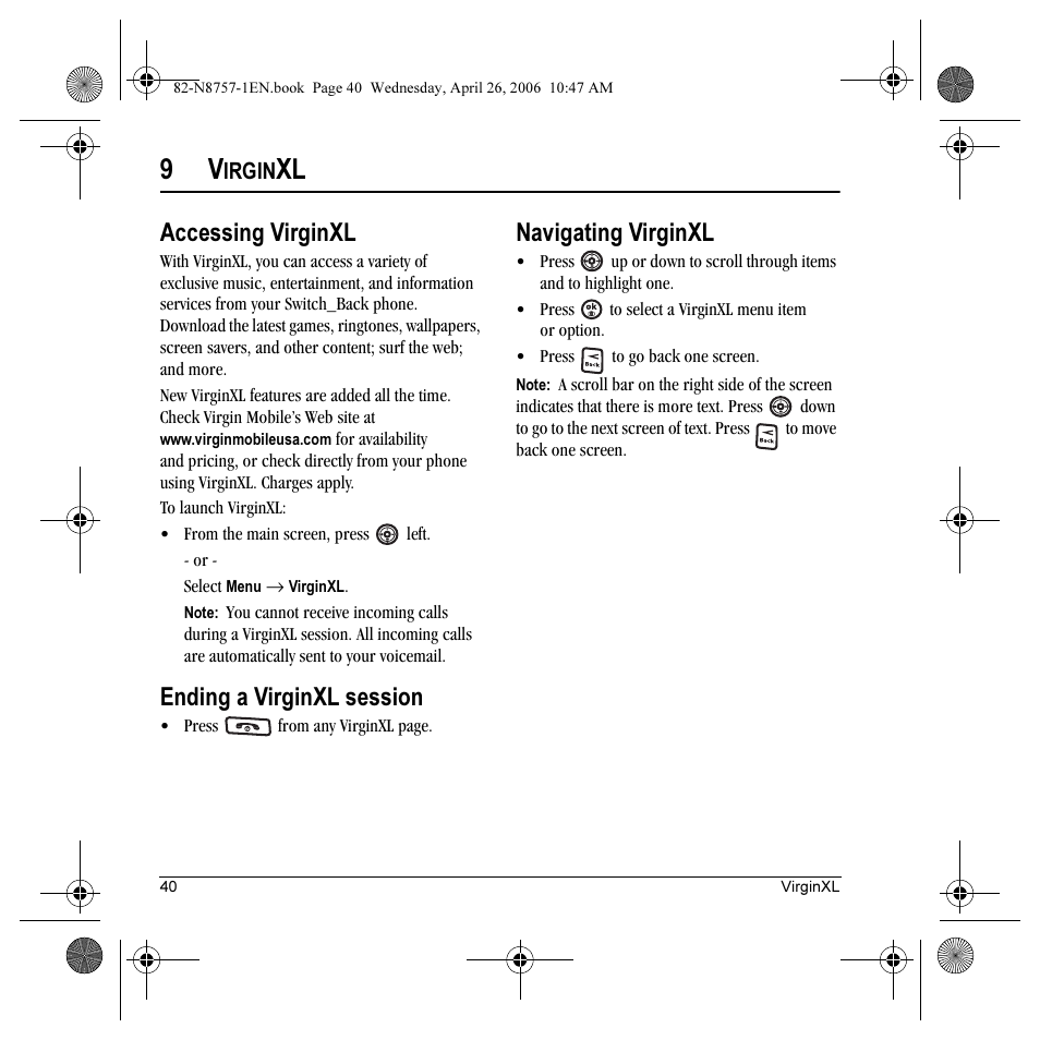 Accessing virginxl, Ending a virginxl session, Navigating virginxl | Irgin | Kyocera Strobe K612 User Manual | Page 46 / 72