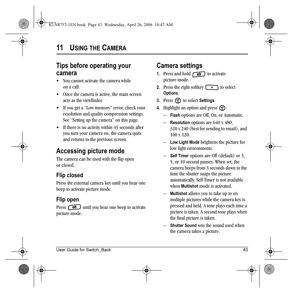 11 u, Tips before operating your camera, Accessing picture mode | Camera settings, Sing, Amera | Kyocera Strobe K612 User Manual | Page 49 / 72