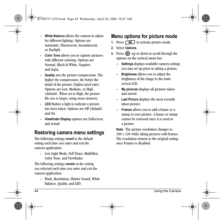 Restoring camera menu settings, Menu options for picture mode | Kyocera Strobe K612 User Manual | Page 50 / 72