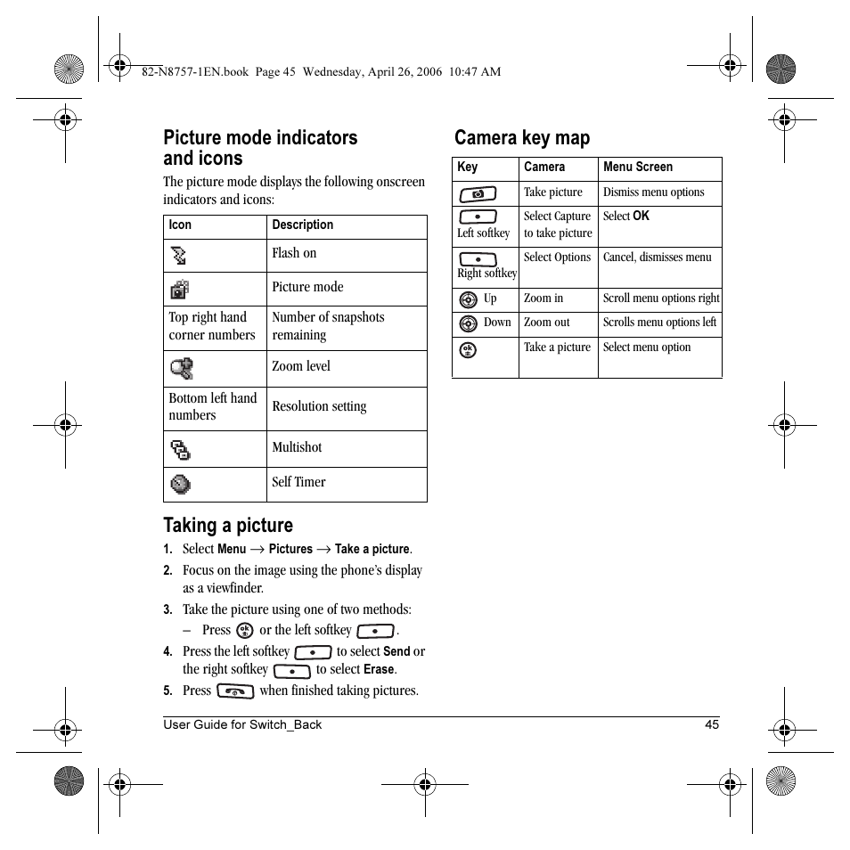 Picture mode indicators and icons, Taking a picture, Camera key map | Kyocera Strobe K612 User Manual | Page 51 / 72