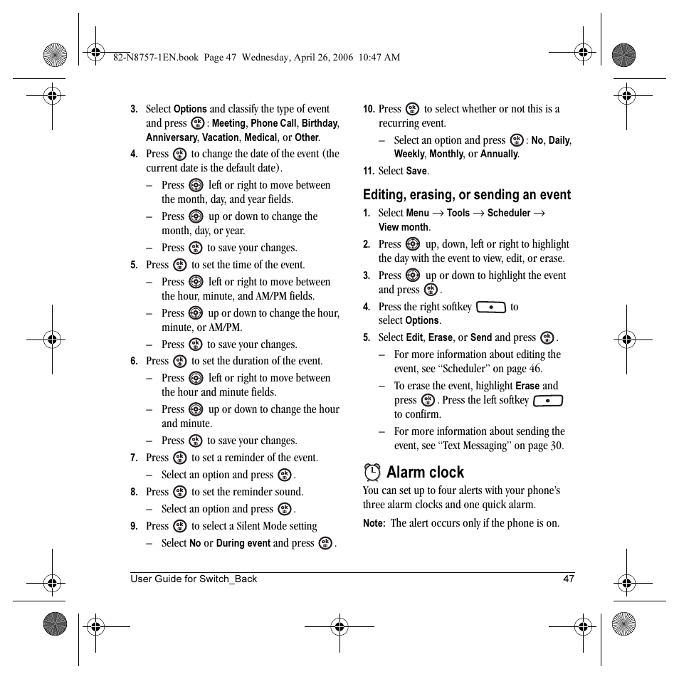 Alarm clock, Editing, erasing, or sending an event | Kyocera Strobe K612 User Manual | Page 53 / 72