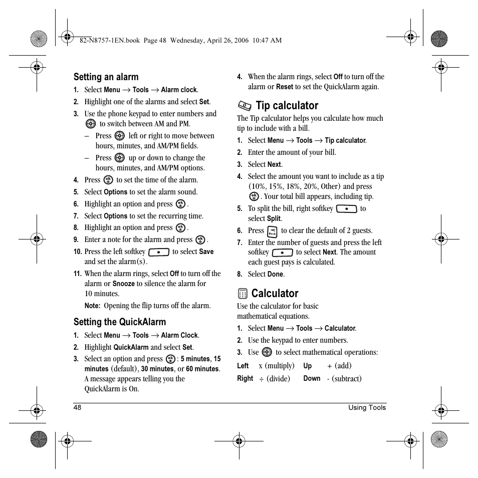 Tip calculator, Calculator, Setting an alarm | Setting the quickalarm | Kyocera Strobe K612 User Manual | Page 54 / 72