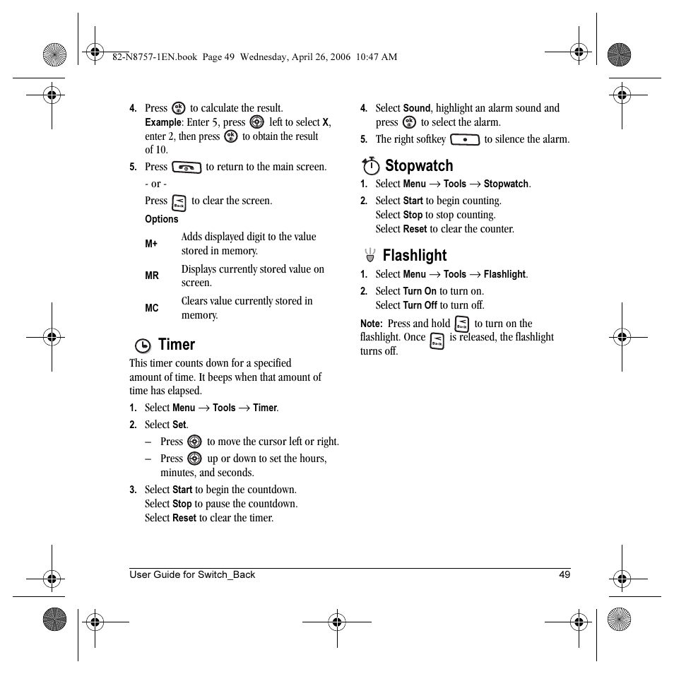 Timer, Stopwatch, Flashlight | Kyocera Strobe K612 User Manual | Page 55 / 72