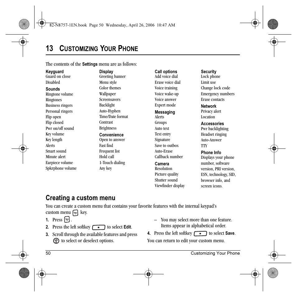 13 c, Creating a custom menu, Ustomizing | Hone | Kyocera Strobe K612 User Manual | Page 56 / 72