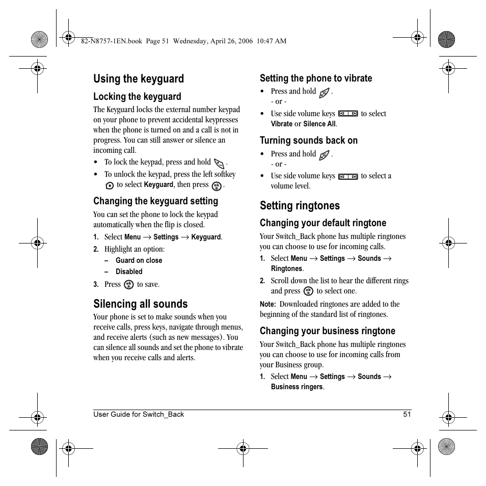 Using the keyguard, Silencing all sounds, Setting ringtones | Kyocera Strobe K612 User Manual | Page 57 / 72