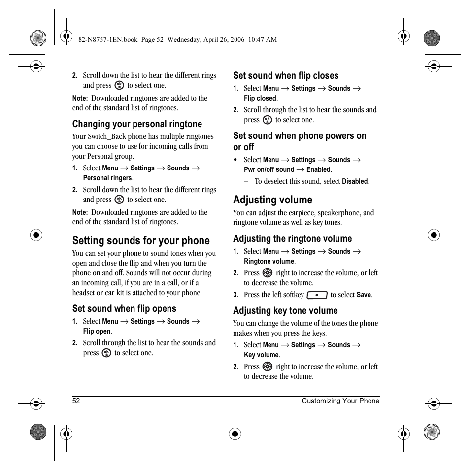 Setting sounds for your phone, Adjusting volume, Changing your personal ringtone | Set sound when flip opens, Set sound when flip closes, Set sound when phone powers on or off, Adjusting the ringtone volume, Adjusting key tone volume | Kyocera Strobe K612 User Manual | Page 58 / 72