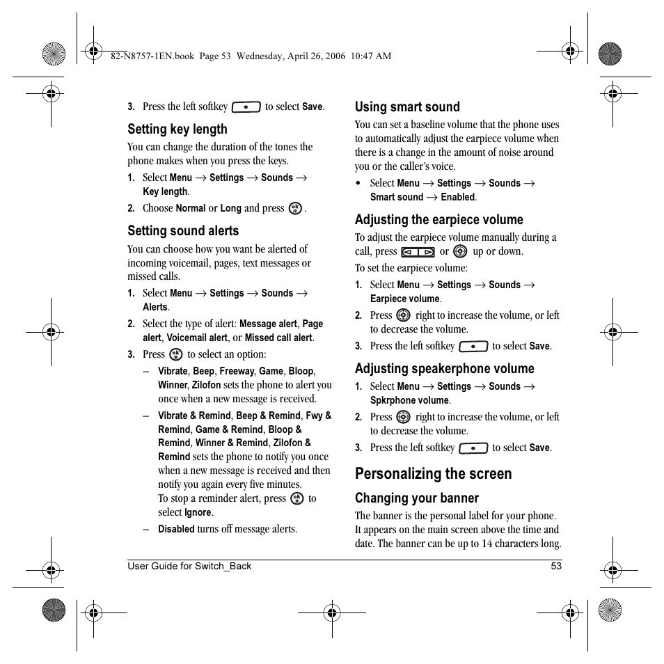 Personalizing the screen, Setting key length, Setting sound alerts | Using smart sound, Adjusting the earpiece volume, Adjusting speakerphone volume, Changing your banner | Kyocera Strobe K612 User Manual | Page 59 / 72