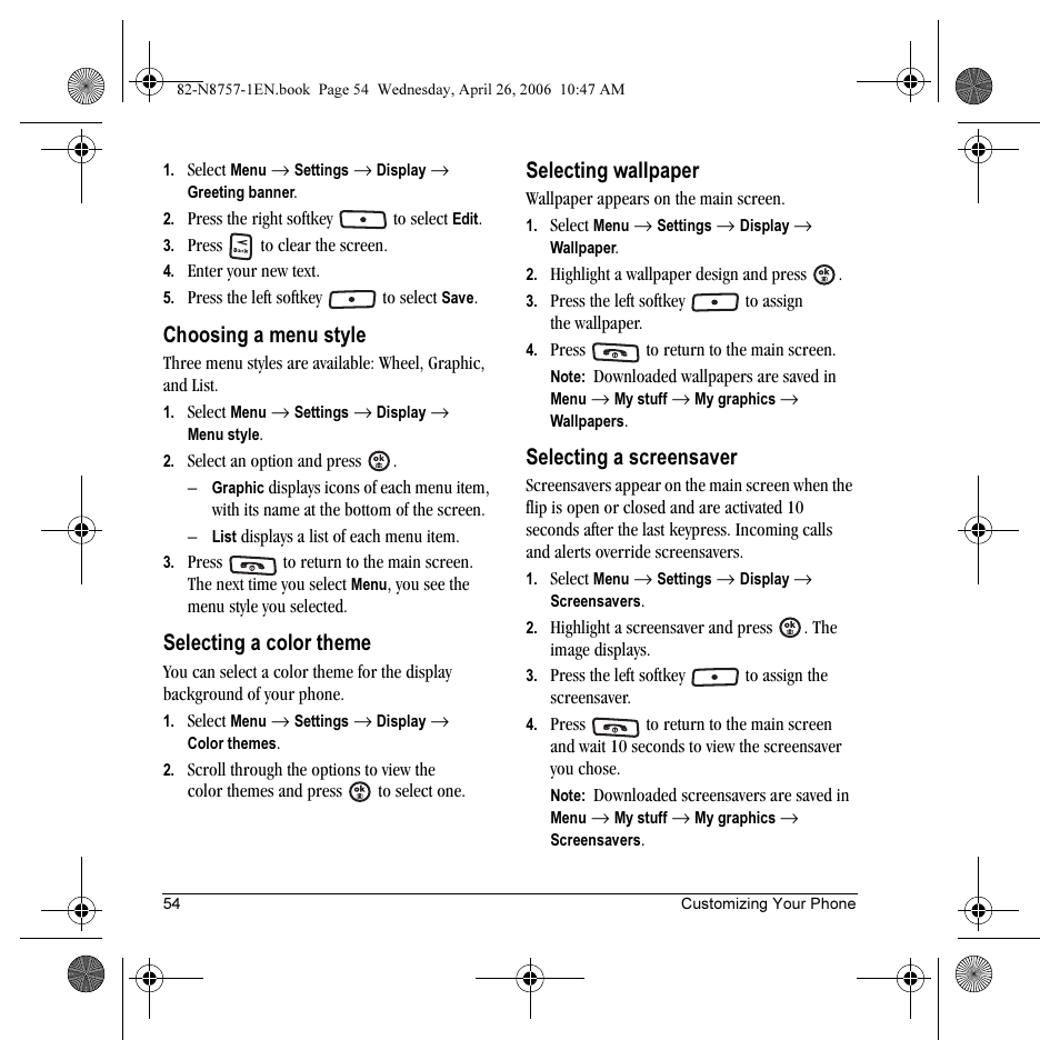 Choosing a menu style, Selecting a color theme, Selecting wallpaper | Selecting a screensaver | Kyocera Strobe K612 User Manual | Page 60 / 72