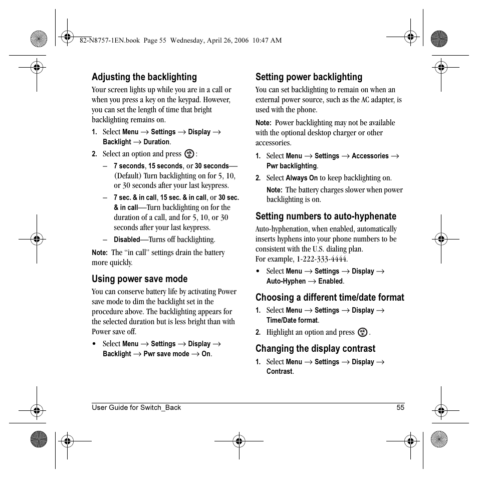 Adjusting the backlighting, Using power save mode, Setting power backlighting | Setting numbers to auto-hyphenate, Choosing a different time/date format, Changing the display contrast | Kyocera Strobe K612 User Manual | Page 61 / 72