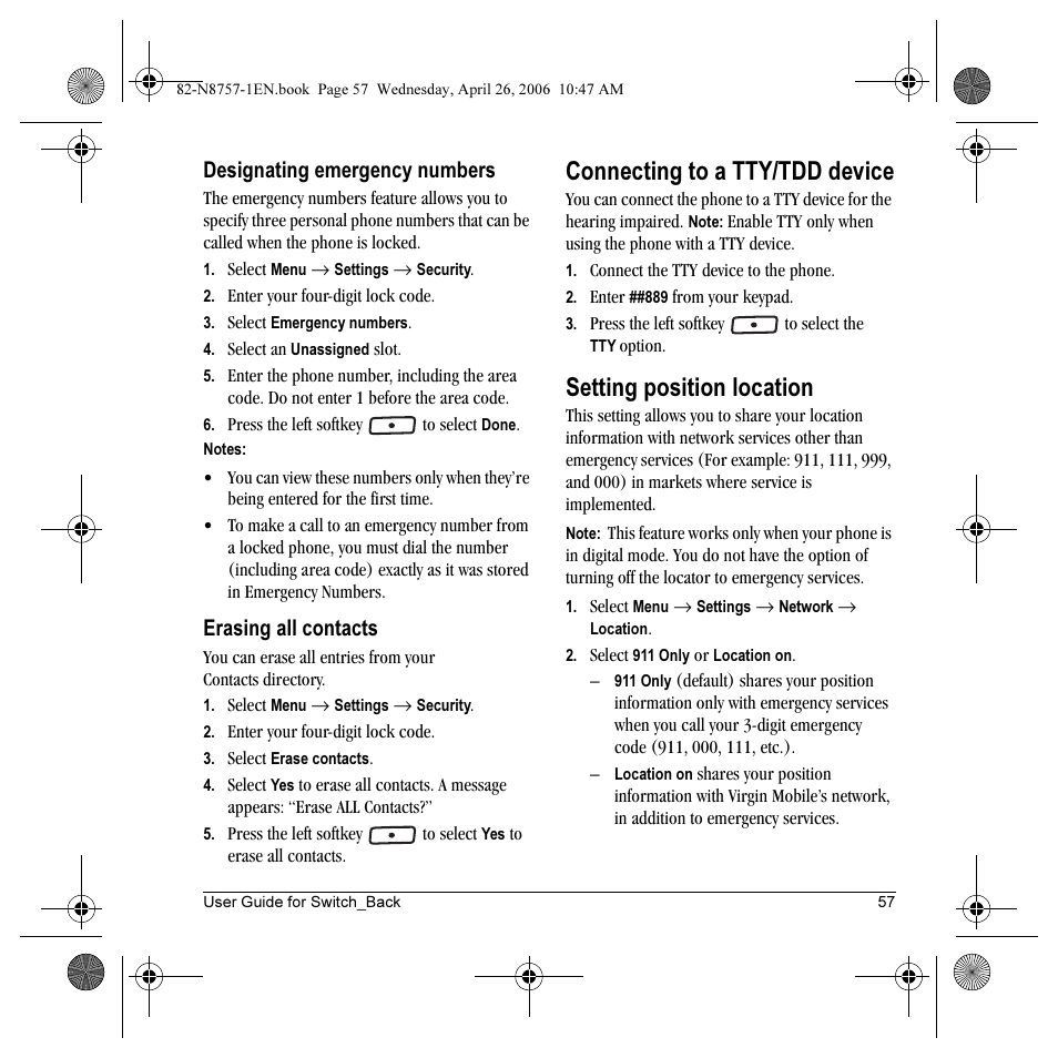 Connecting to a tty/tdd device, Setting position location, Designating emergency numbers | Erasing all contacts | Kyocera Strobe K612 User Manual | Page 63 / 72