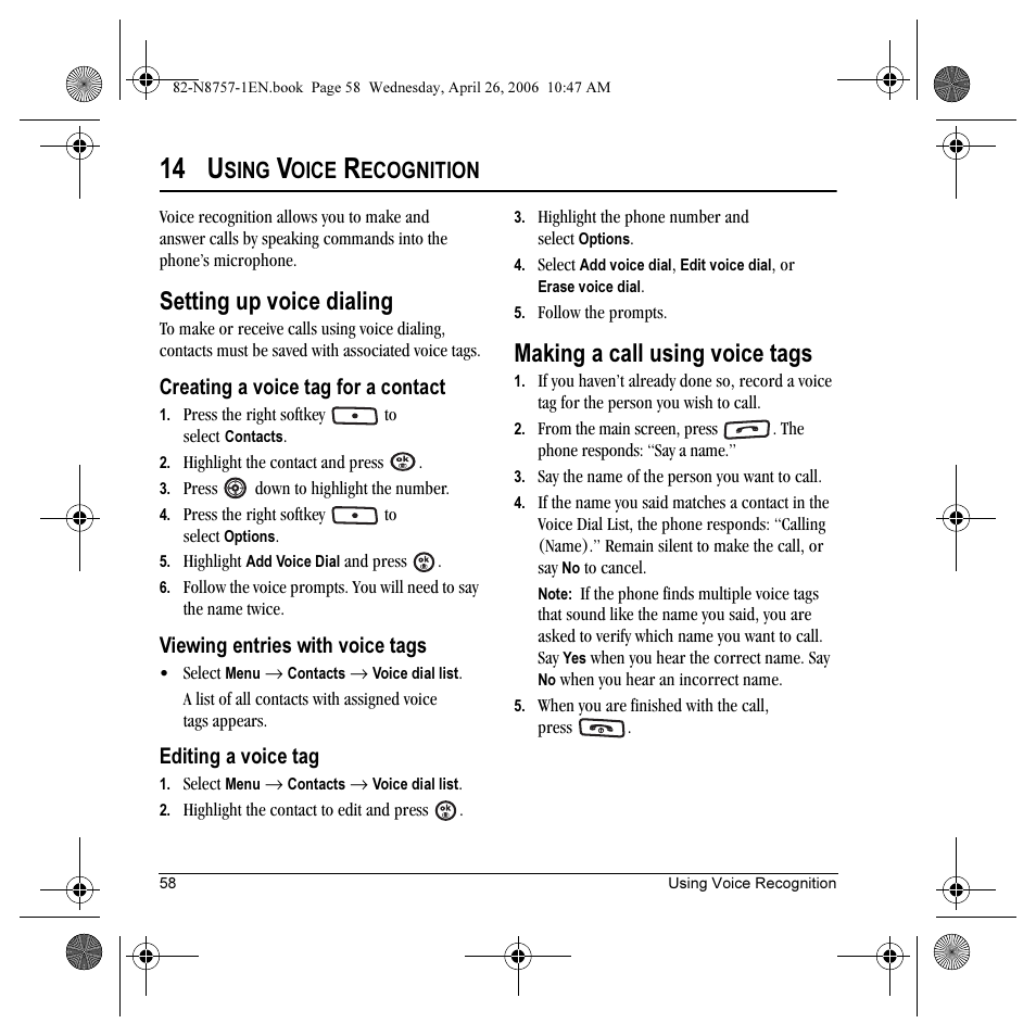 14 u, Setting up voice dialing, Making a call using voice tags | Sing, Oice, Ecognition | Kyocera Strobe K612 User Manual | Page 64 / 72