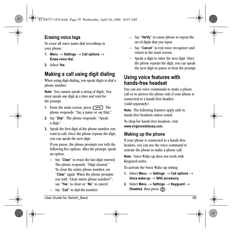 Making a call using digit dialing, Using voice features with hands-free headset, Erasing voice tags | Waking up the phone | Kyocera Strobe K612 User Manual | Page 65 / 72