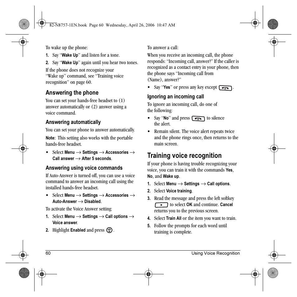Training voice recognition, Answering the phone | Kyocera Strobe K612 User Manual | Page 66 / 72