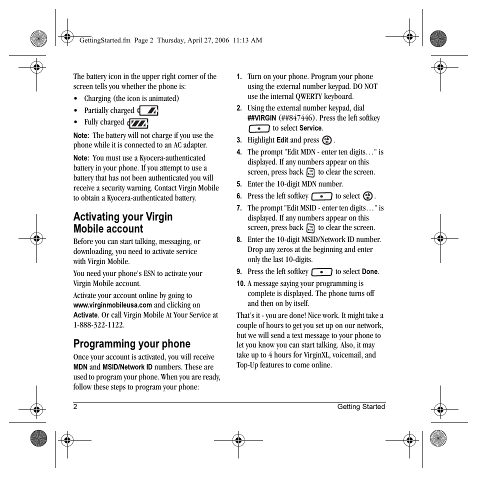 Activating your virgin mobile account, Programming your phone | Kyocera Strobe K612 User Manual | Page 8 / 72