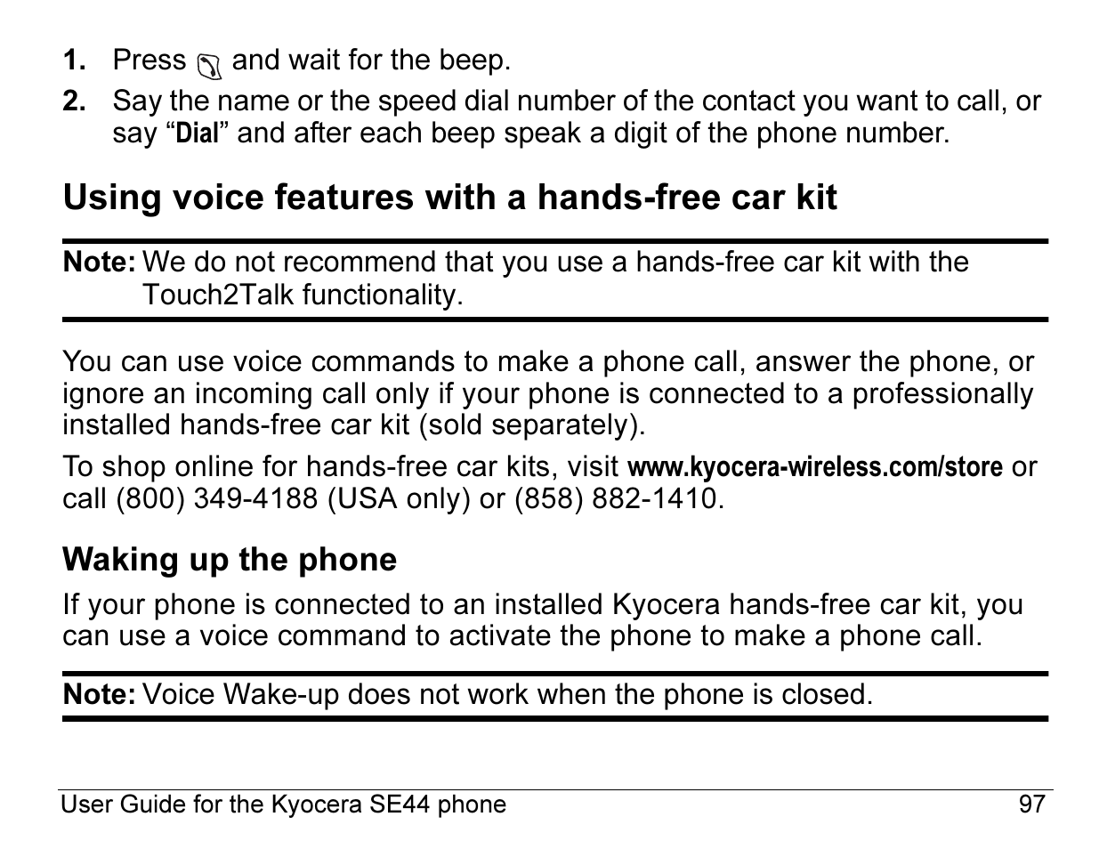 Using voice features with a hands-free car kit | Kyocera Angel SE47 User Manual | Page 119 / 148