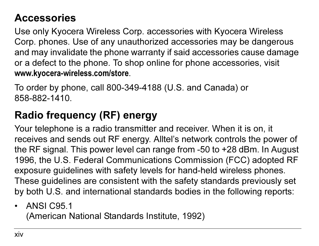 Accessories, Radio frequency (rf) energy | Kyocera Angel SE47 User Manual | Page 14 / 148