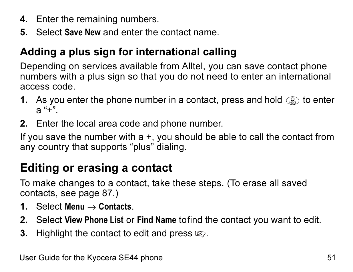 Editing or erasing a contact, Adding a plus sign for international calling | Kyocera Angel SE47 User Manual | Page 73 / 148