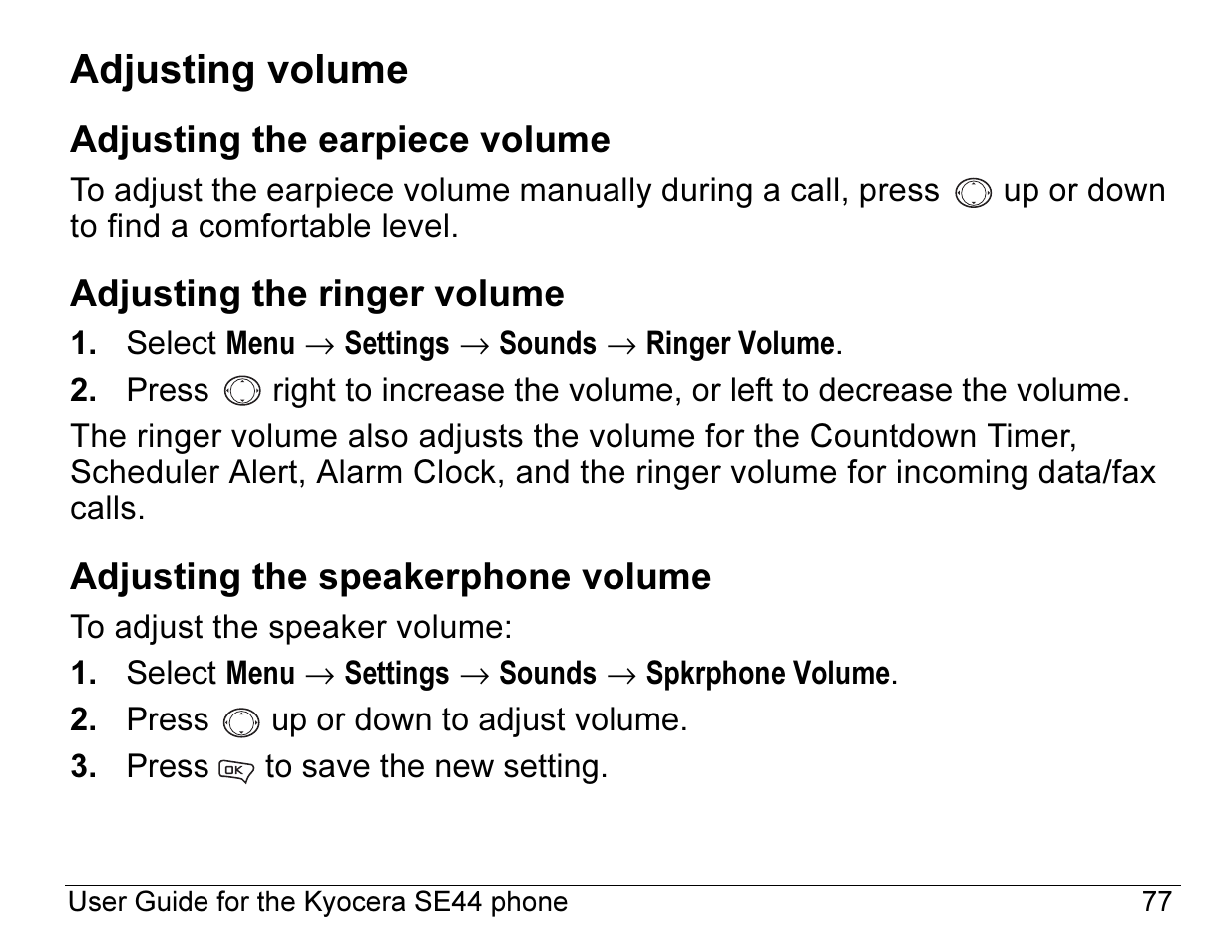 Adjusting volume | Kyocera Angel SE47 User Manual | Page 99 / 148