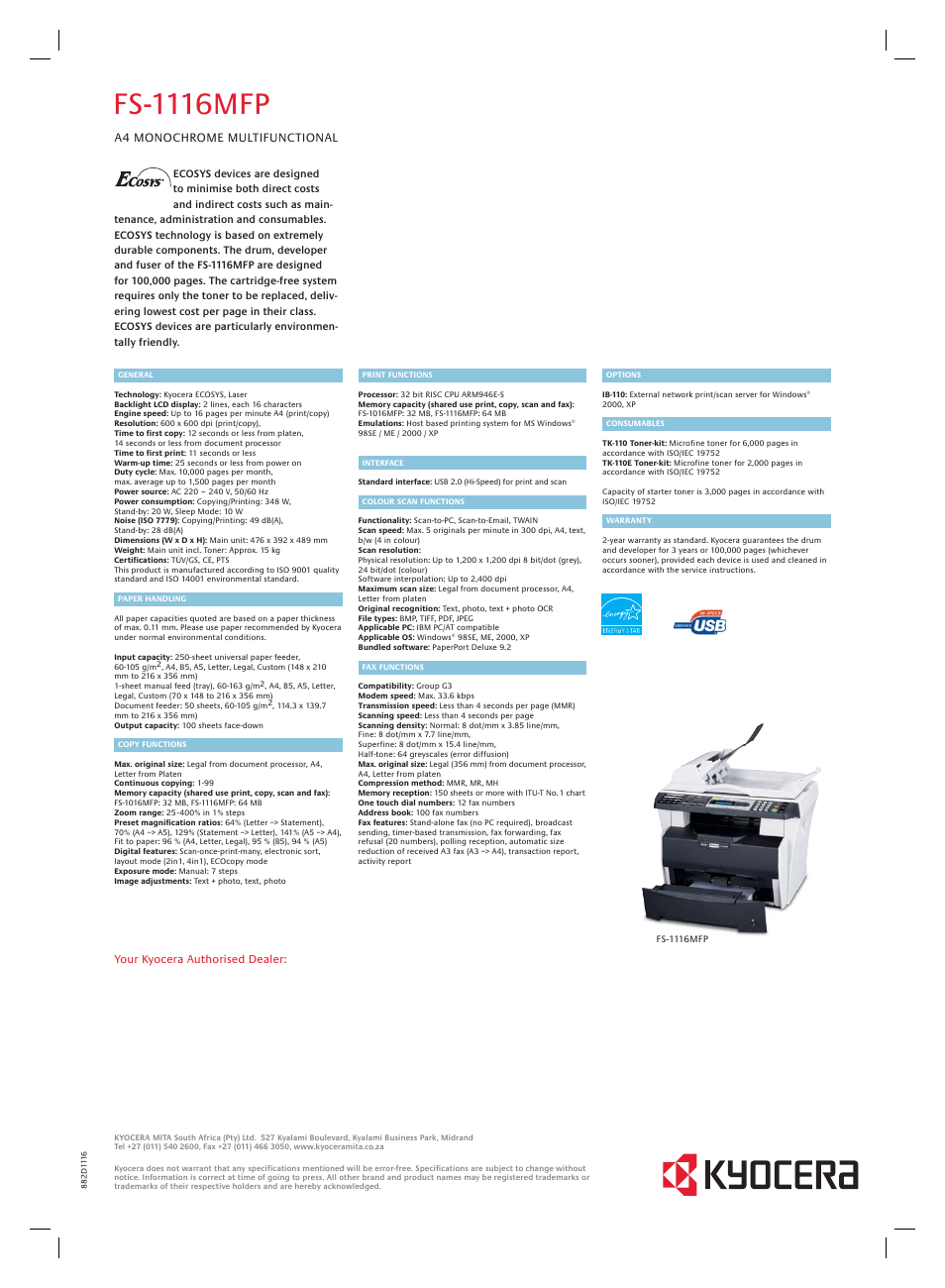 Fs-1116mfp | Kyocera FS-1116MFP User Manual | Page 2 / 2