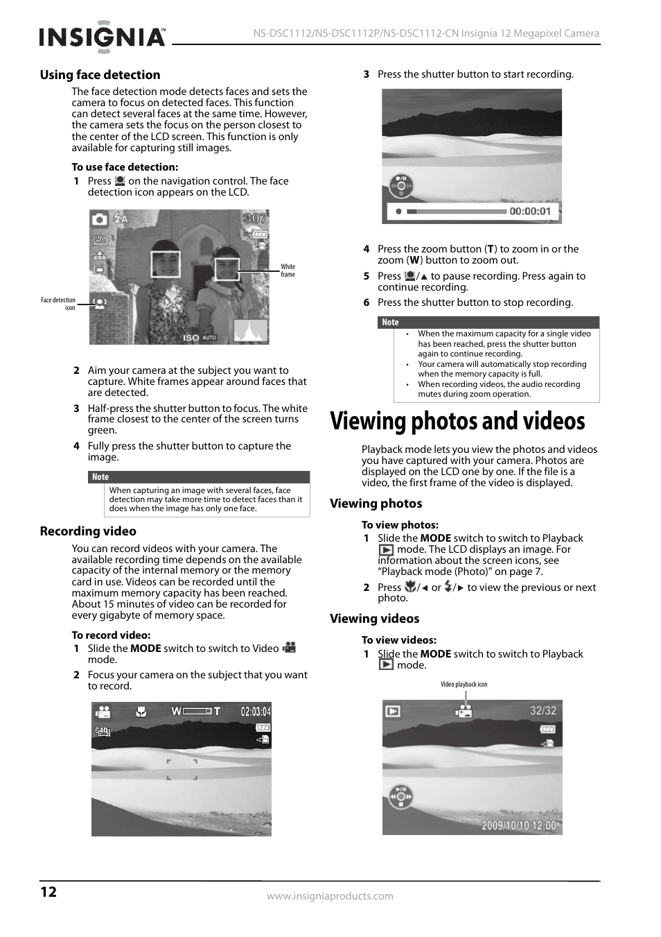 Using face detection, Recording video, Viewing photos and videos | Viewing photos, Viewing videos, Using face detection recording video, Viewing photos viewing videos, Ee “using face detection” on | Kyocera NS-L32Q-10A User Manual | Page 16 / 32