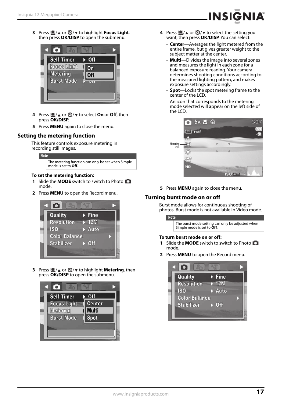 Setting the metering function, Turning burst mode on or off, Setting the metering function” o | Kyocera NS-L32Q-10A User Manual | Page 21 / 32