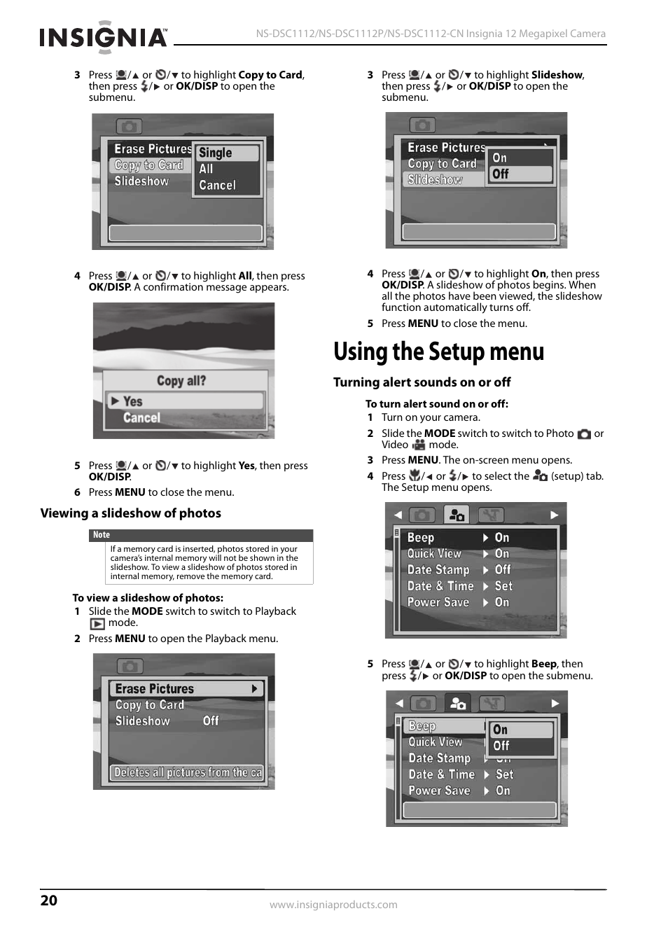 Viewing a slideshow of photos, Using the setup menu, Turning alert sounds on or off | Kyocera NS-L32Q-10A User Manual | Page 24 / 32