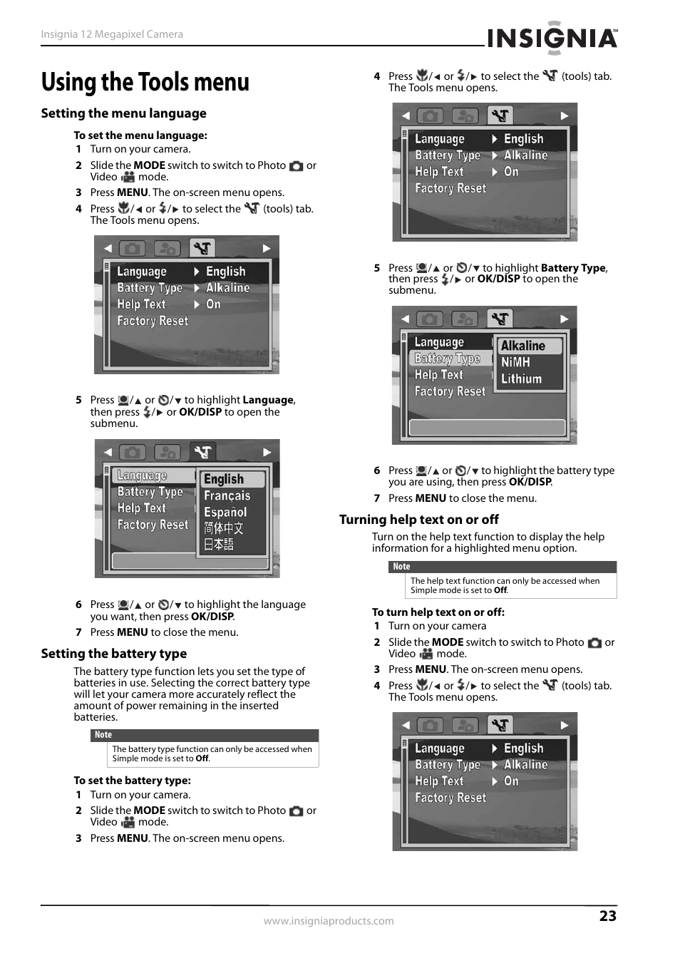 Using the tools menu, Setting the menu language, Setting the battery type | Turning help text on or off | Kyocera NS-L32Q-10A User Manual | Page 27 / 32