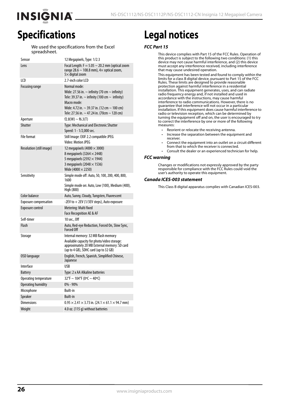 Specifications, Legal notices | Kyocera NS-L32Q-10A User Manual | Page 30 / 32
