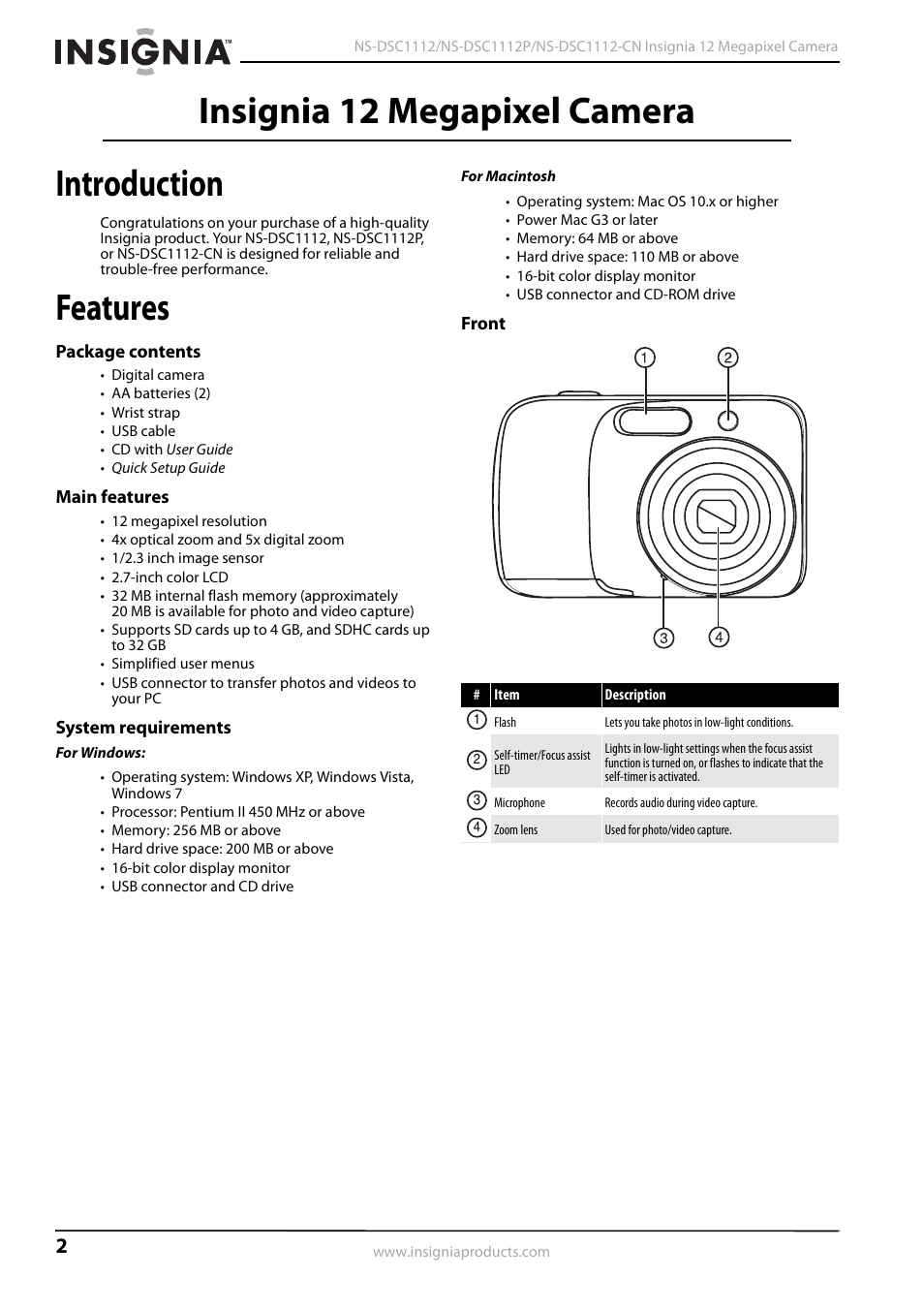 Introduction, Features, Package contents | Main features, System requirements, Front, Insignia 12 megapixel camera introduction | Kyocera NS-L32Q-10A User Manual | Page 6 / 32