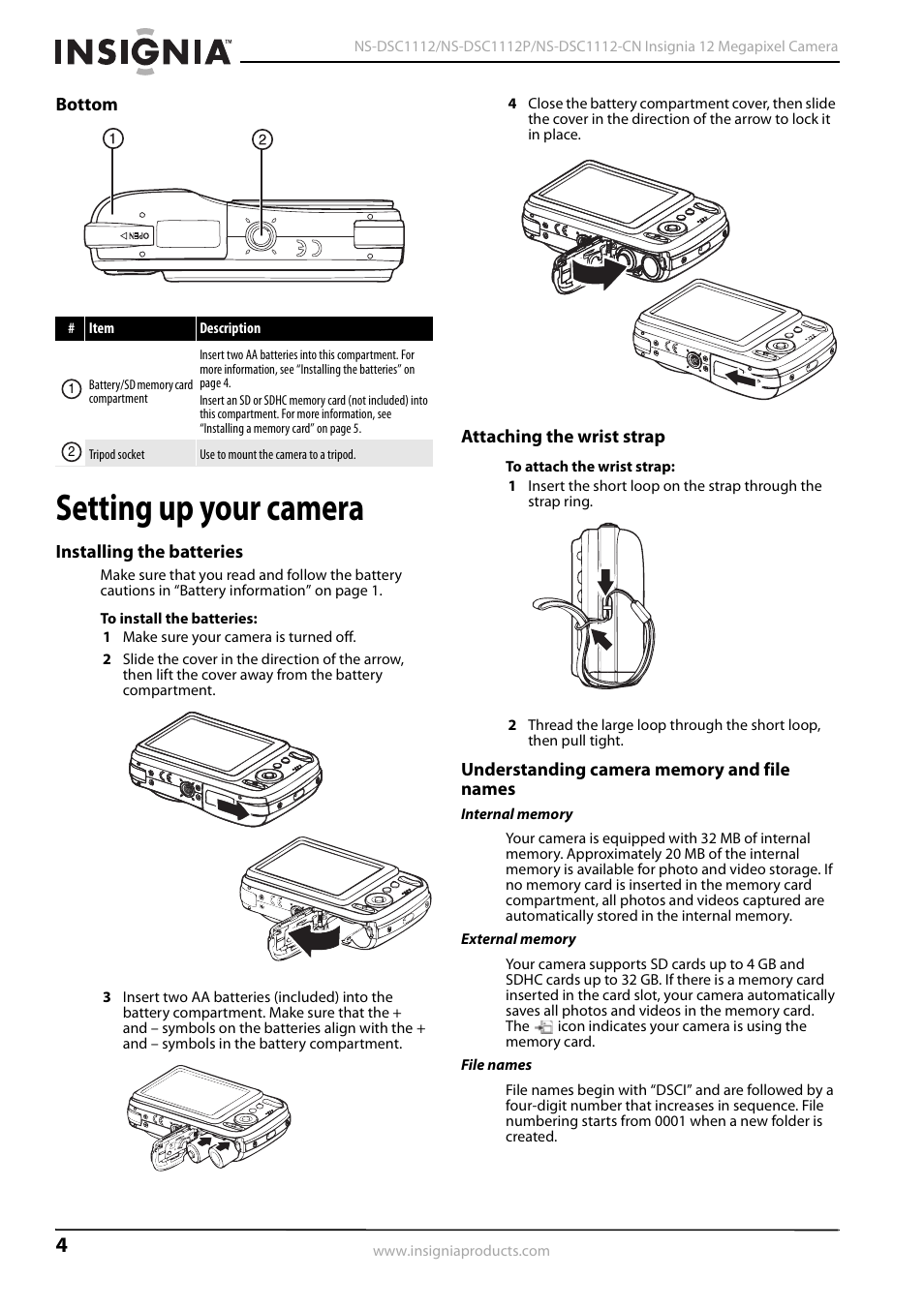 Bottom, Setting up your camera, Installing the batteries | Attaching the wrist strap, Understanding camera memory and file names | Kyocera NS-L32Q-10A User Manual | Page 8 / 32