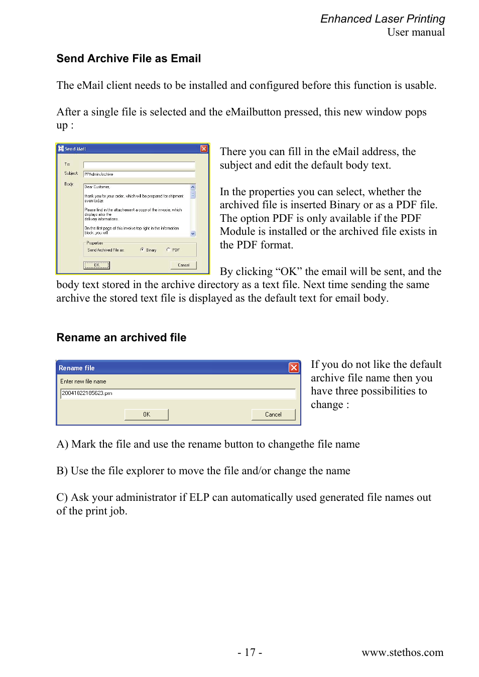 Send archive file as email, Rename an archived file | Kyocera Laser Printing ELP User Manual | Page 17 / 26