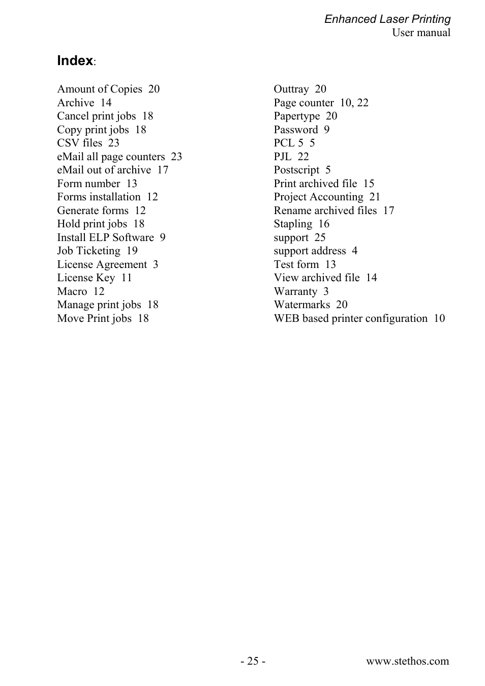 Index 25, Index | Kyocera Laser Printing ELP User Manual | Page 25 / 26