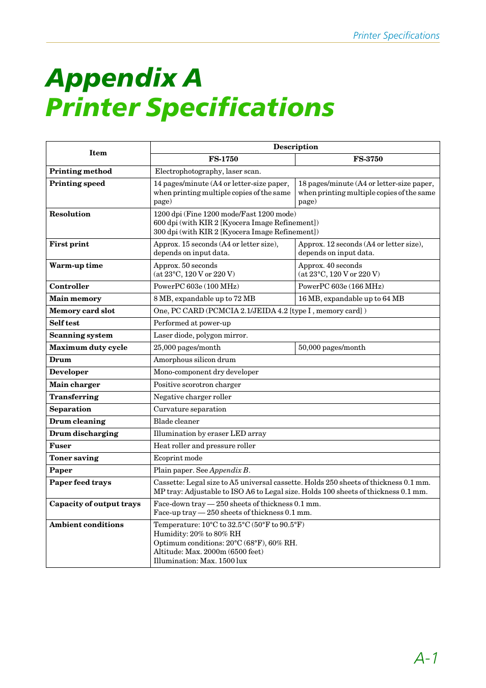 Appendix a printer specifications, Appendix a, Printer specifications | Kyocera FS1750 User Manual | Page 100 / 124