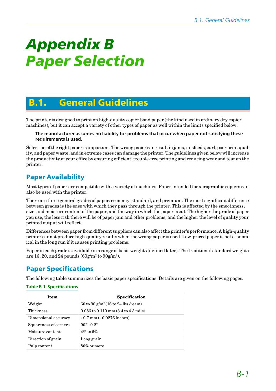 Appendix b paper selection, B.1. general guidelines, Paper availability | Paper specifications, Appendix b, Paper selection, General guidelines, N in appendix b | Kyocera FS1750 User Manual | Page 102 / 124