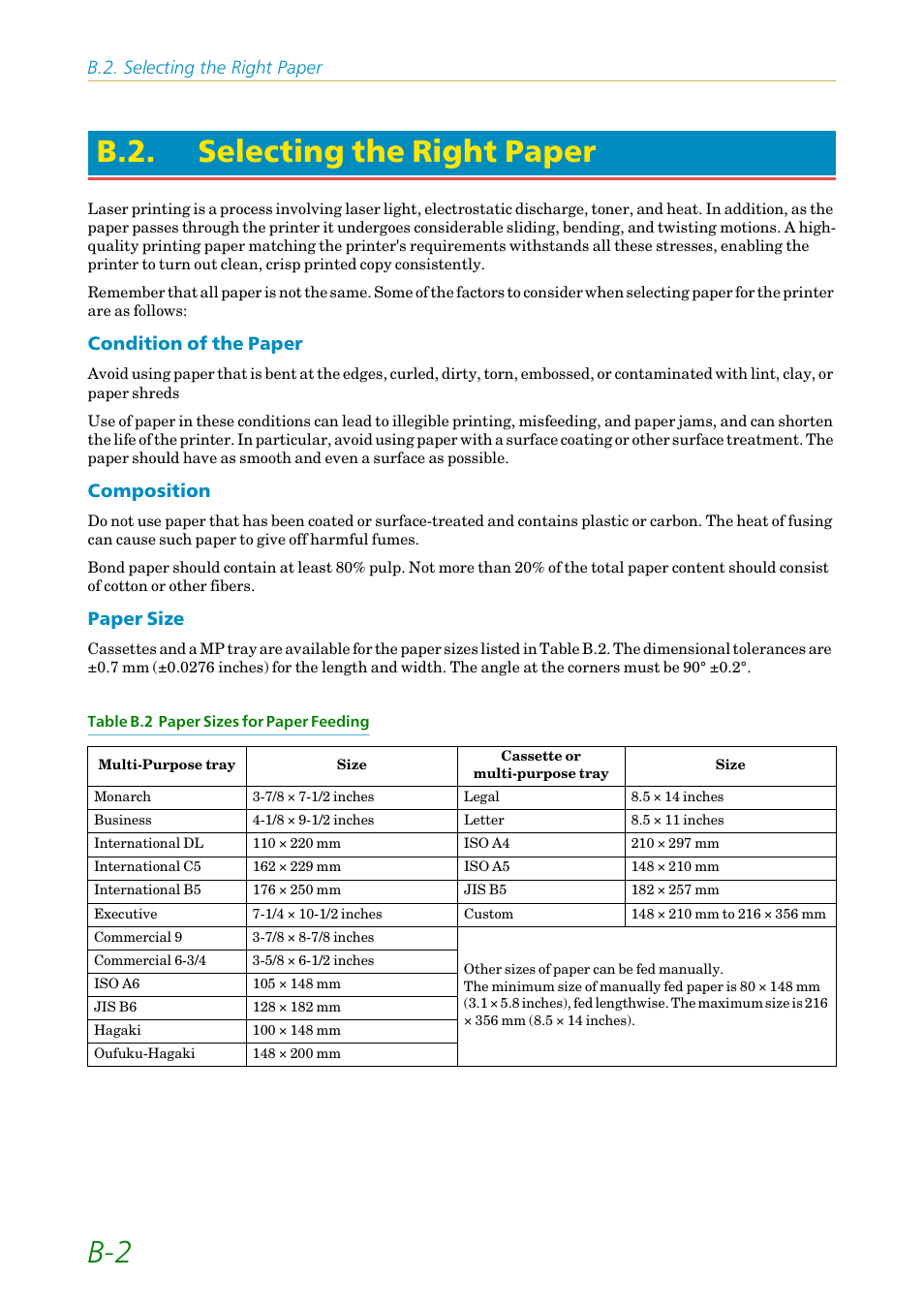 B.2. selecting the right paper, Selecting the right paper, B-2 b.2. selecting the right paper | Condition of the paper, Composition, Paper size | Kyocera FS1750 User Manual | Page 103 / 124