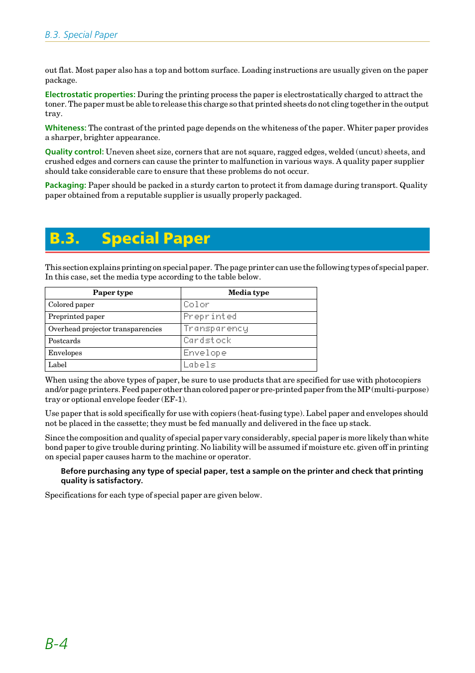 B.3. special paper, Special paper | Kyocera FS1750 User Manual | Page 105 / 124