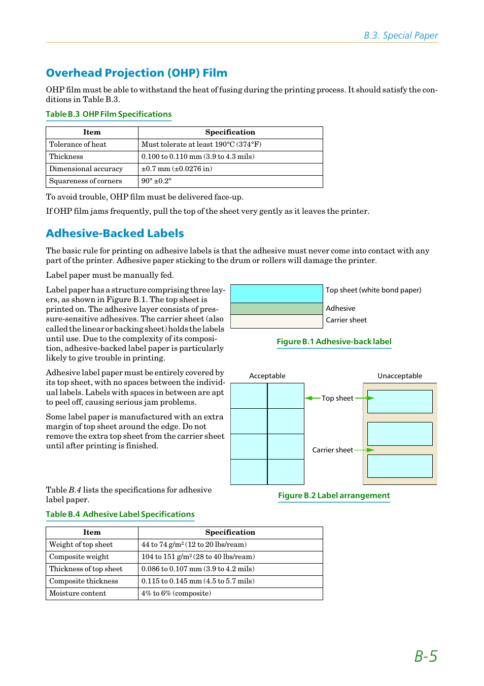 Overhead projection (ohp) film, Adhesive-backed labels, B.3. special paper | Kyocera FS1750 User Manual | Page 106 / 124